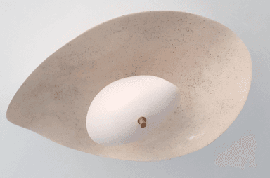 A textured, off-white, leaf-shaped shade with a speckled pattern encases a central, smooth, white, egg-shaped diffuser. A small, cylindrical brass fixture is visible at the center of the diffuser, suggesting it is a pendant or ceiling lamp. — 3D model