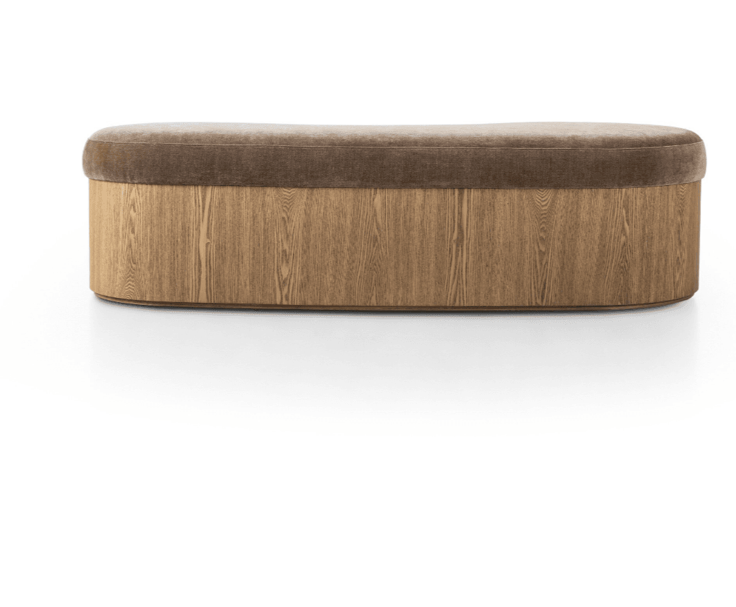 An oval-shaped ottoman with a plush velvet-like upholstered top and a wooden base. The base features vertical wood grain patterns, suggesting a veneered or solid wood construction with a natural wood finish. The transition between the upholstered top and the wooden base is seamless. — 3D model