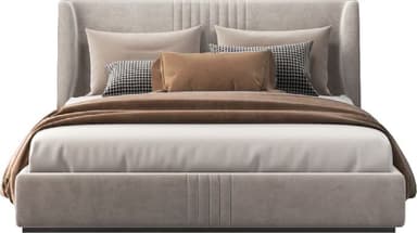 A modern upholstered platform bed featuring a tall, wingback-style headboard with vertical fluted stitching. The entire bed frame and headboard are covered in a soft, light beige fabric. The bed includes a mattress and decorative pillows with a throw blanket. — 3D model