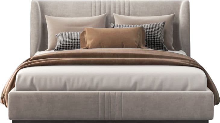 A modern upholstered platform bed featuring a tall, wingback-style headboard with vertical fluted stitching. The entire bed frame and headboard are covered in a soft, light beige fabric. The bed includes a mattress and decorative pillows with a throw blanket. — 3D model