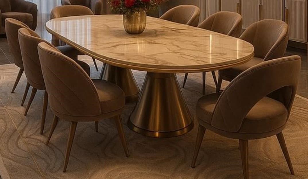 An elegant oval coffee table featuring a light-colored marble top with prominent natural veining, supported by two robust, inverted conical bases finished in a brushed gold metal, indicative of a modern and sophisticated design. — 3D model