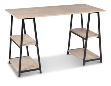 A multi-tiered shelving unit featuring four rectangular shelves with a light wood-effect finish, supported by a sturdy black metal frame. The design is simple and functional, with an open back and sides. — 3D model