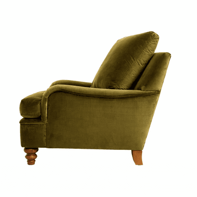 A plush, upholstered armchair with a deep seat and a loose back cushion. The armchair features rolled arms with subtle tufting or pleating detail. It is supported by four turned wooden legs with a dark stain. A single matching pillow is placed on the seat. — 3D model