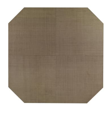 A low-profile, octagonal coffee table entirely covered in a textured, natural-toned grasscloth material. The design features integrated, thick block legs that seamlessly blend with the tabletop, creating a cohesive and monolithic appearance. The finish provides a tactile and organic aesthetic. — 3D model