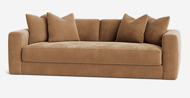 A contemporary tan-colored upholstered sofa featuring a minimalist design, track arms, and plush loose back cushions. — 3D model
