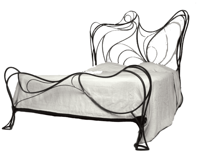 A metal bed frame with an ornate, flowing headboard and footboard. The frame is constructed from dark, curved metal rods that create an organic, almost vine-like pattern. The headboard has a distinct, asymmetrical shape with swirling elements. The bed is shown with white bedding. The overall style appears to be Art Nouveau or a similar decorative aesthetic. — 3D model