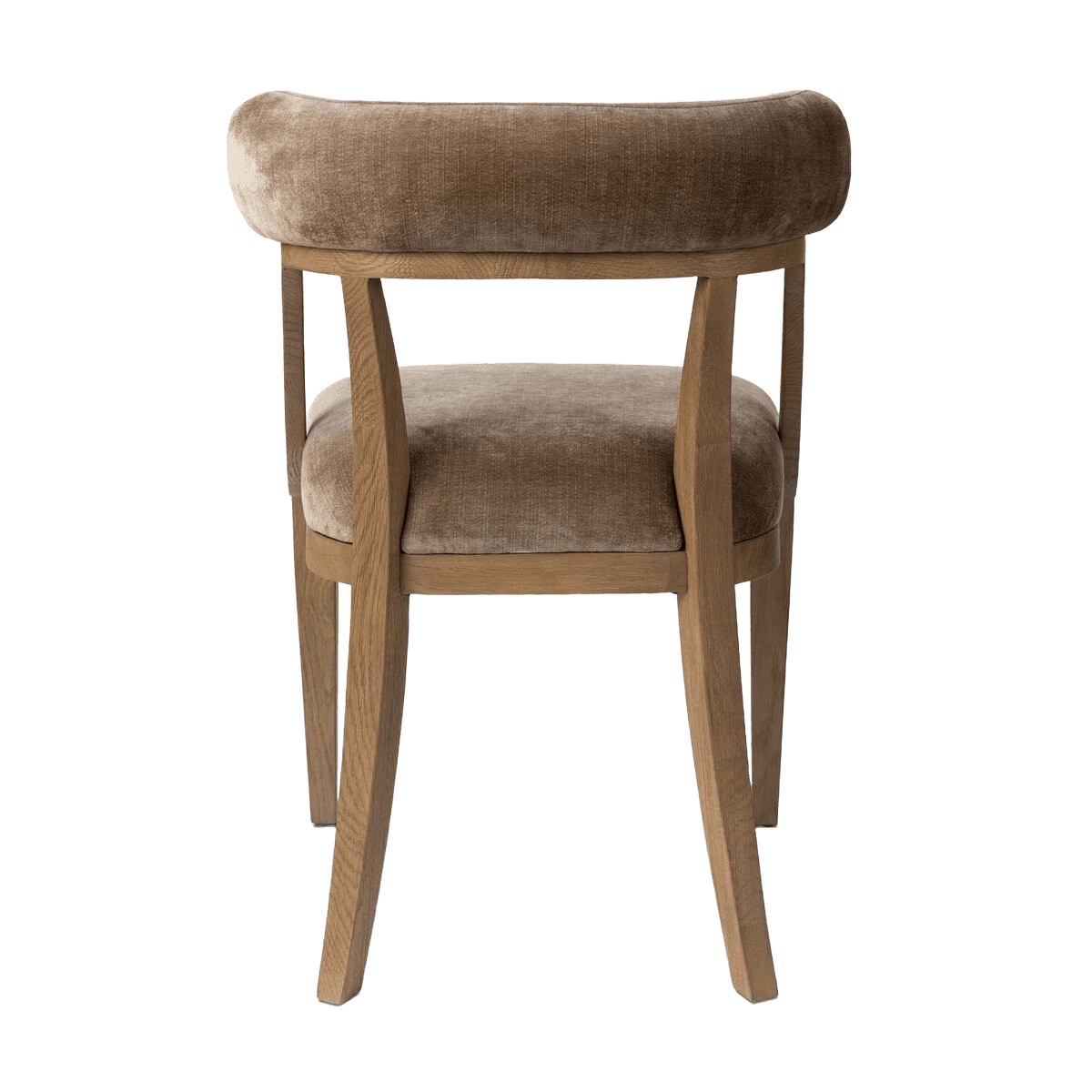 An armless dining chair featuring a light wood frame and velvet upholstery on the seat and a distinctive curved backrest. The chair exhibits a minimalist and contemporary design. — 3D model