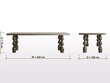 A rectangular dining table featuring a polished light-colored stone or composite top set within a dark stained wood frame. The table is supported by four distinctive sculptural legs, each crafted from dark wood with multiple stacked, turned spherical forms. — 3D model