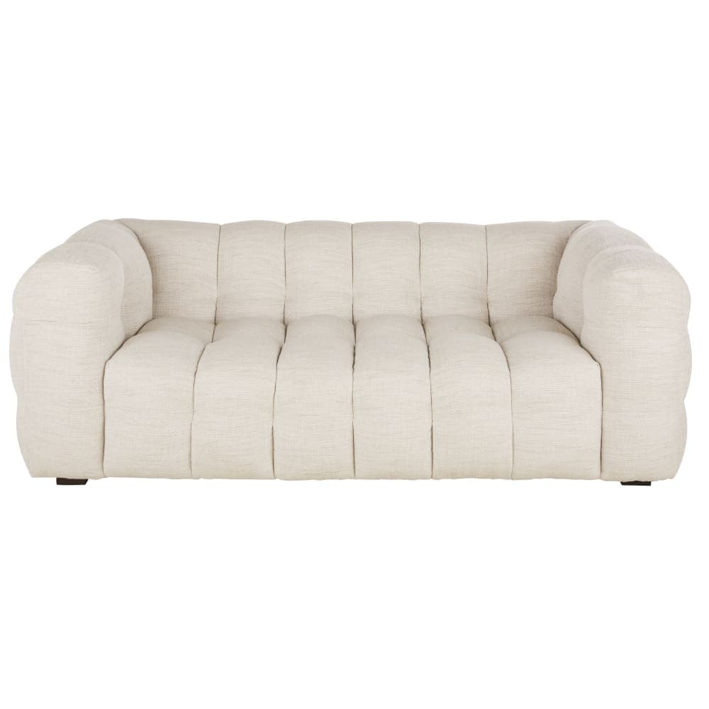 A three-seater sofa with a channeled upholstery design. The sofa features rounded armrests and a low profile. The upholstery appears to be a textured fabric. It is presented against a solid black background. — 3D model