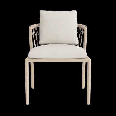 A contemporary armchair featuring a light beige powder-coated metal frame, a distinctive woven beige rope backrest, and two thick, light cream-colored upholstered cushions for the seat and back. — 3D model