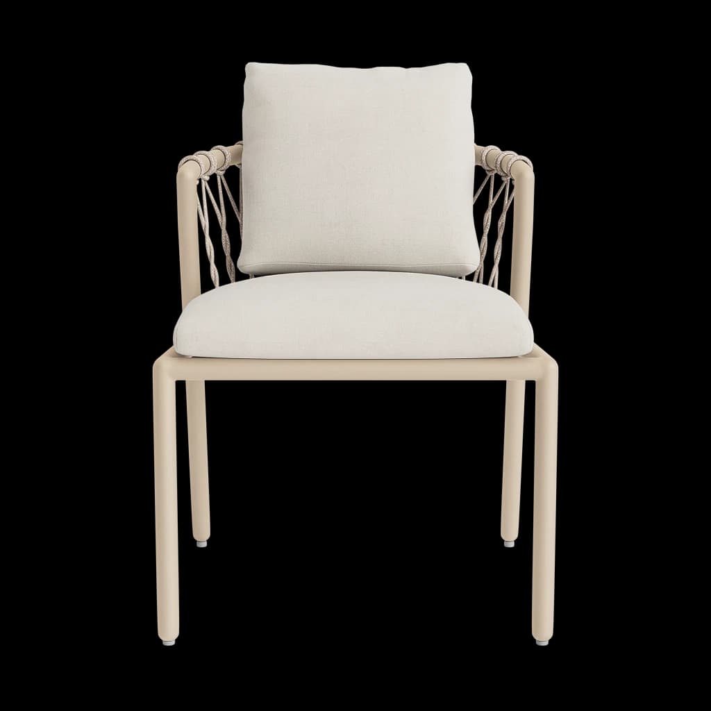A contemporary armchair featuring a light beige powder-coated metal frame, a distinctive woven beige rope backrest, and two thick, light cream-colored upholstered cushions for the seat and back. — 3D model