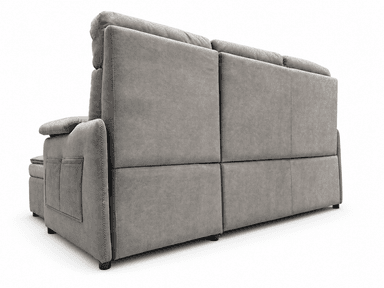 A contemporary gray upholstered sectional sofa featuring a chaise lounge extension with integrated storage. The sofa boasts plush, segmented back cushions, rolled armrests, and practical storage pockets on the side of the armrest. Its design suggests a focus on comfort and functionality. — 3D model
