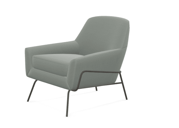 A contemporary armchair with a slim, dark metal frame supporting a fully upholstered seat, back, and arms. The chair features a slightly reclined backrest and a wide seat, with a textured fabric upholstery. — 3D model