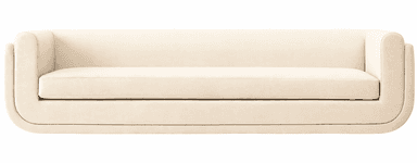 A contemporary upholstered sofa in a light cream or beige fabric, featuring a streamlined, monolithic design with softly rounded edges. The arms flow continuously from the backrest into an integrated plinth base, and it includes a single, long seat cushion. — 3D model