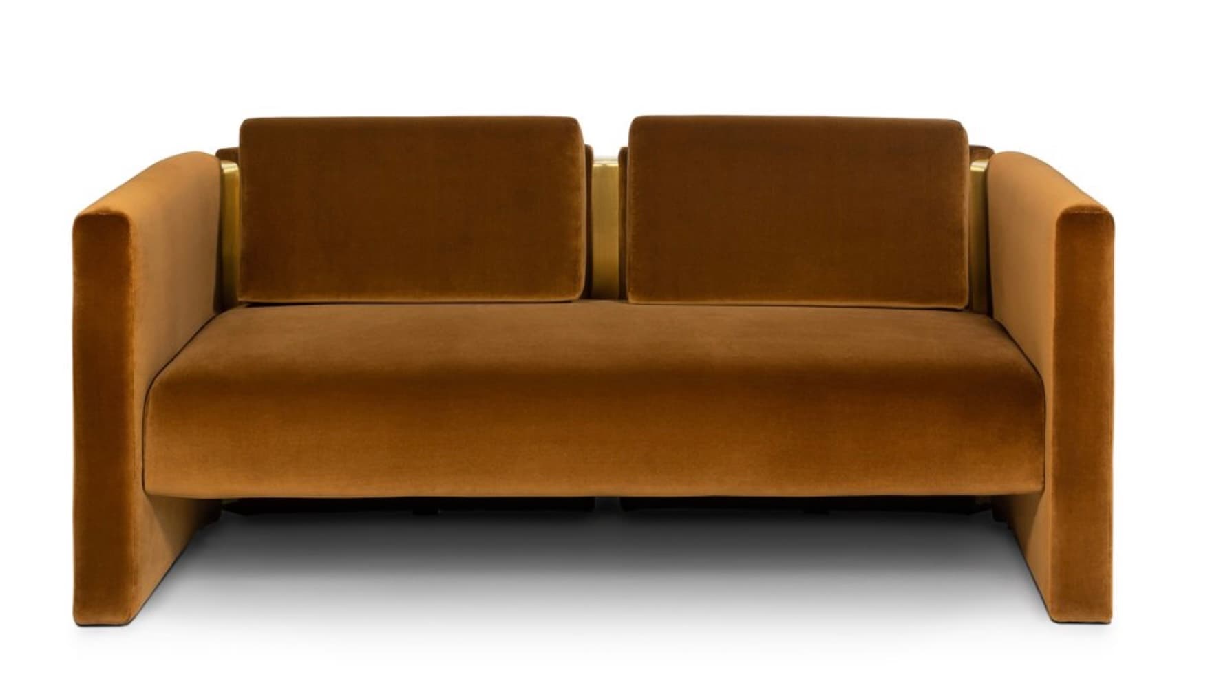A contemporary two-seater sofa with a minimalist design. The sofa features a plush velvet upholstery in a warm brown hue. Its structure is characterized by clean lines, with substantial armrests and back cushions. Accents of polished brass or gold-toned metal are visible at the top of the armrests and between the back cushions, providing a luxurious contrast to the fabric. — 3D model