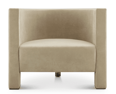 A contemporary armchair with a boxy silhouette and a plush velvet upholstery in a neutral beige tone. The armchair features a high back and armrests that are integrated into the main body, creating a continuous form. The front legs are block-shaped and upholstered, while the rear legs appear to be a decorative, metallic material with an irregular texture. — 3D model