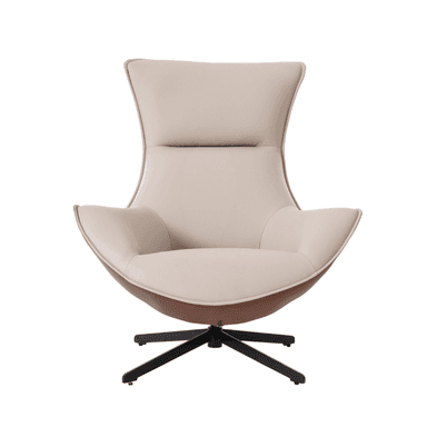 A modern armchair with a high back and curved design. The armchair features a swivel base and is upholstered in two different materials and colors. The seat and backrest are a light cream color, while the lower exterior shell is a contrasting brown. — 3D model