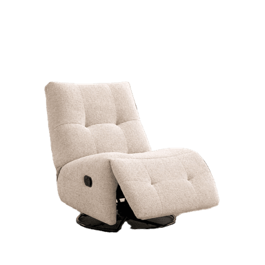 A beige upholstered recliner chair featuring a tufted backrest, integrated footrest, and a black circular swivel base. — 3D model