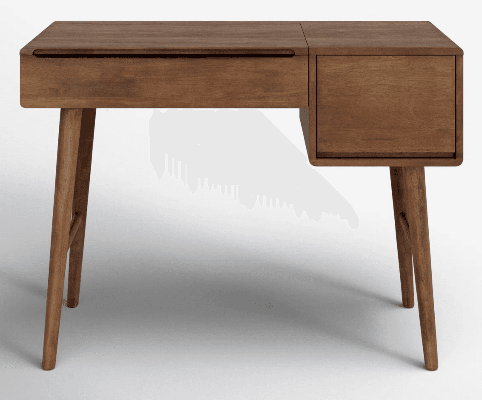 A wooden desk with a mid-century modern design. It features a rectangular top with two sections, one appearing to be a drawer. The desk is supported by four tapered legs. The wood has a visible grain and a warm, brown tone. One side has an integrated drawer unit, while the other side has a flat surface extending over the drawer unit. — 3D model