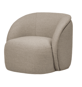 A contemporary armchair with a curved silhouette. The chair features a rounded backrest that seamlessly integrates into the armrests, creating a continuous, enveloping form. The seat is plush and well-padded, offering comfort. A subtle black piping detail accentuates the outer edge of the chair's structure. — 3D model