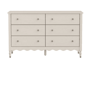 A six-drawer dresser with a light, off-white finish. The dresser features a scalloped apron along the bottom and stands on four decorative legs. Each drawer has a small, round, brass-colored knob. — 3D model