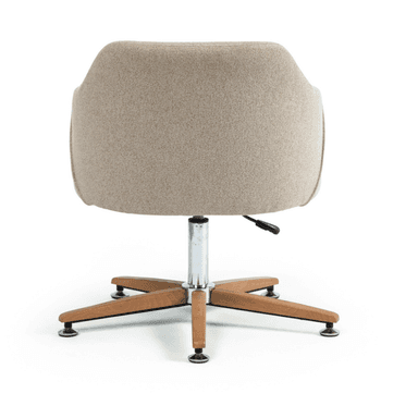 A contemporary swivel chair featuring a rounded, fully upholstered shell with integrated arms, supported by a five-point wooden base with chrome accents. — 3D model