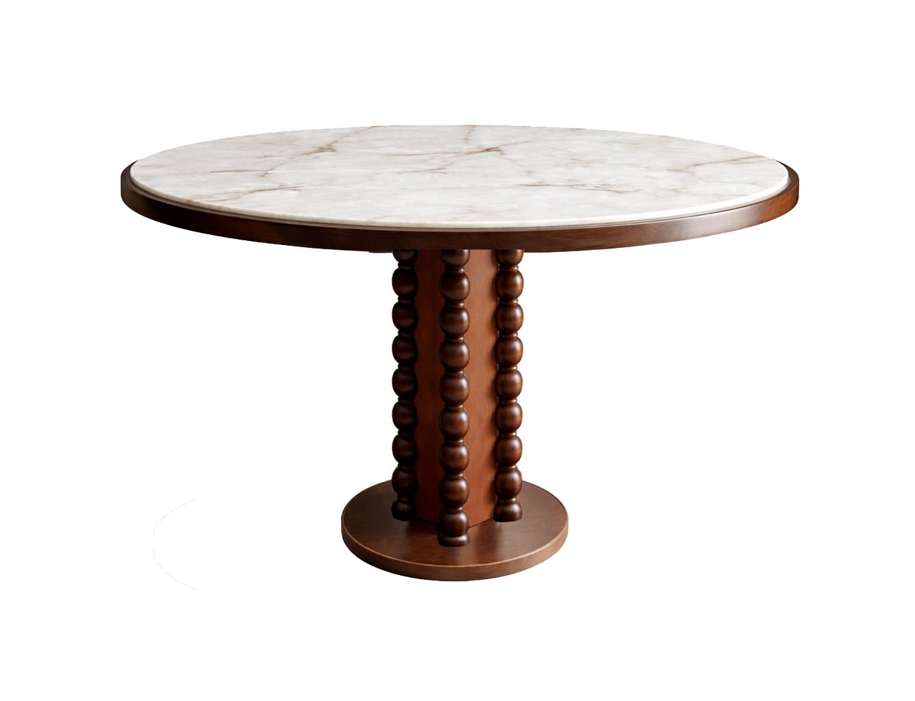 A round dining table featuring a white and grey veined marble top. The tabletop is supported by a dark wooden apron. The central pedestal base is constructed from dark wood, with the main support column featuring an array of bobbin-turned elements. The base tapers down to a flat, round plinth. — 3D model