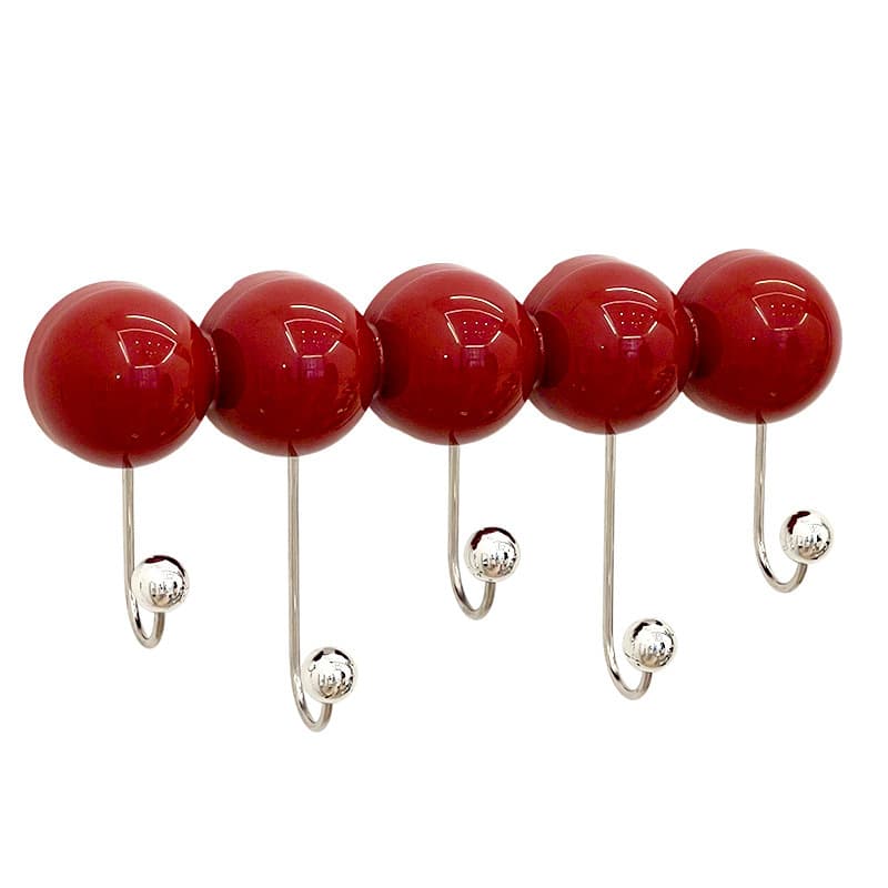 A contemporary wall-mounted coat rack featuring five evenly spaced, large, glossy red spherical elements. Each sphere has a polished silver-toned metal hook extending downwards, which curves into a J-shape and terminates with a smaller silver sphere. The design is minimalist yet playful, with a high-shine finish on both the red spheres and the metal hooks. — 3D model