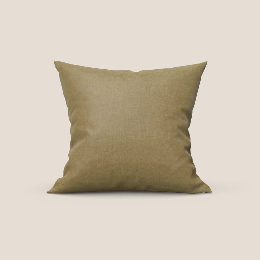 A square-shaped cushion with a textured fabric cover in a muted olive-green or khaki color. The cushion appears soft and pliable, with rounded corners and a slightly inflated form suggesting it is filled. — 3D model