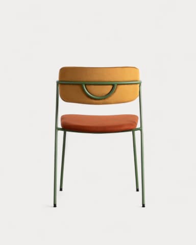 A contemporary armchair with a slender green tubular metal frame, featuring a gold velvet upholstered backrest and a rust-orange woven fabric upholstered seat. The frame extends to form integrated armrests. — 3D model