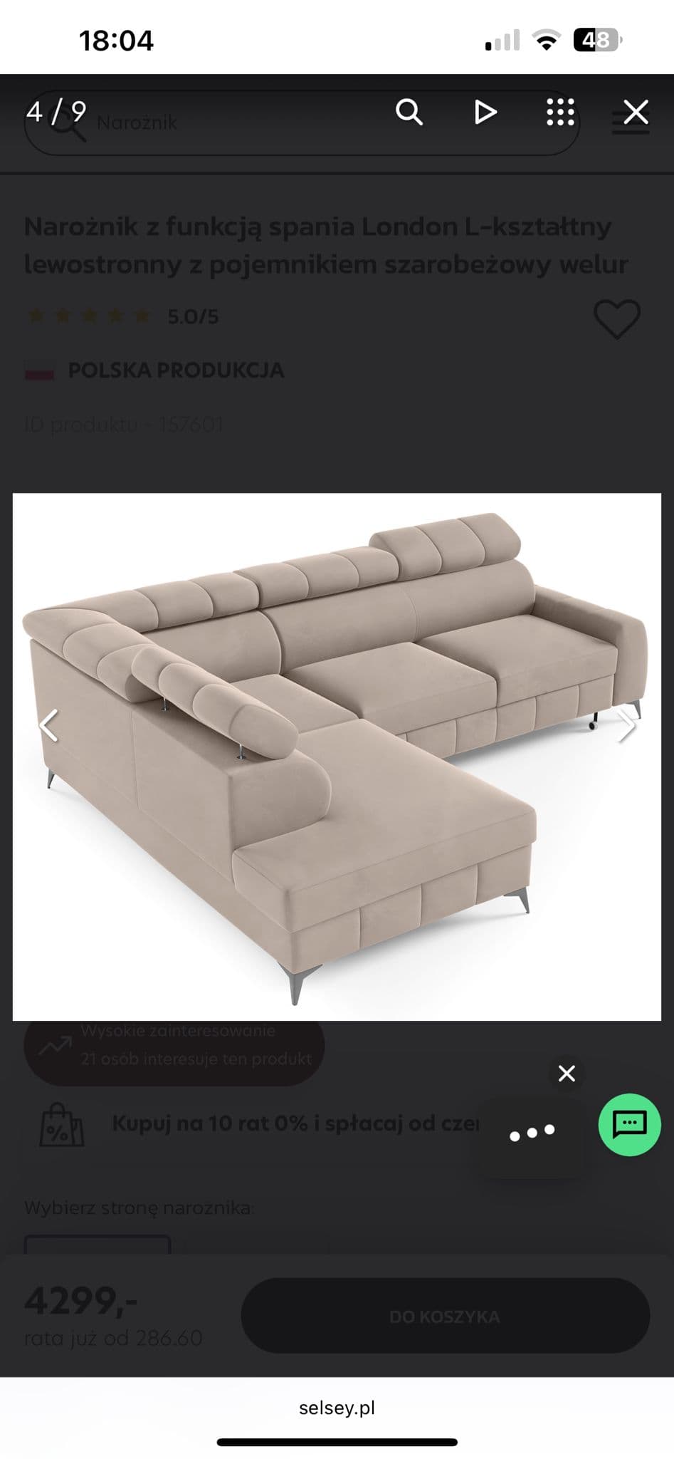 A large, L-shaped sectional sofa with a pull-out sleeping function and an integrated storage container. It features adjustable headrests and is upholstered in a textured, light beige velour fabric. The sofa has a modern design with low-profile metal legs and stitched detailing on the cushions and backrests. — 3D model