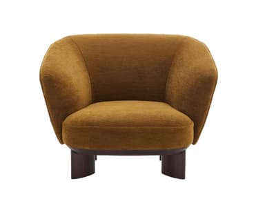 A compact upholstered lounge chair featuring a rounded, low-profile silhouette. The chair is covered in a textured, mustard yellow fabric and rests on short, dark brown wooden legs. The back and armrests are integrated, creating a seamless, enveloping form. The design appears modern with a touch of classic comfort, ideal for accent seating. — 3D model