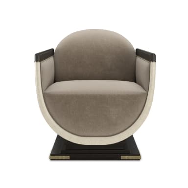 An Art Deco inspired barrel-shaped accent chair, featuring a plush upholstered interior in a neutral beige/taupe fabric, contrasting with a craquelure-finished exterior shell. The chair includes dark wood armrests with a slight sheen and sits on a squared, dark-colored plinth base accented with brass details on each side. — 3D model