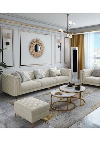 A long, light-colored sofa featuring a diamond-patterned tufted back and armrests, three individual seat cushions, and integrated vertical metal accents on the outer edges of the armrests, extending down to short, slender legs. — 3D model