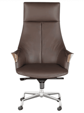 A high-back executive office chair featuring dark brown leather upholstery and distinctive wooden accents on the armrests. It is supported by a polished metal five-star base with caster wheels, indicating mobility and adjustability. The chair has a sleek, modern design with an ergonomic profile. — 3D model