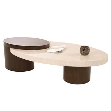 A modern coffee table featuring a distinctive two-tier oval design. The larger, lighter-toned oval top overlaps a smaller, darker-toned oval top which is supported by a cylindrical base of the same dark tone. The design creates a dynamic, layered appearance. — 3D model