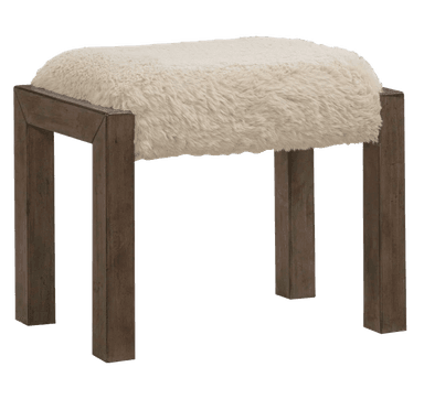 A rectangular bench featuring a plush, cream-colored faux fur upholstered top and a sturdy base constructed from four dark stained rectangular wooden legs. — 3D model