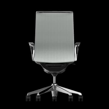 A modern ergonomic office task chair featuring a high back and upholstered seat, both in a light grey herringbone fabric. It has polished chrome/aluminum frame details, armrests with black pads, and a five-star caster base made of polished metal, all against a black background. — 3D model