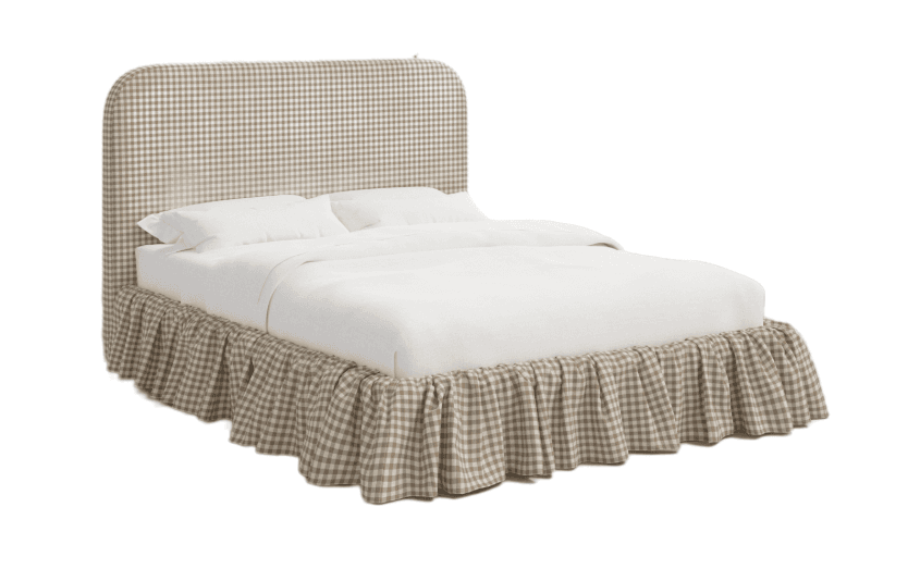 A bed frame upholstered in a beige and white gingham fabric. It features a rounded headboard and a ruffled bed skirt that extends to the floor. — 3D model