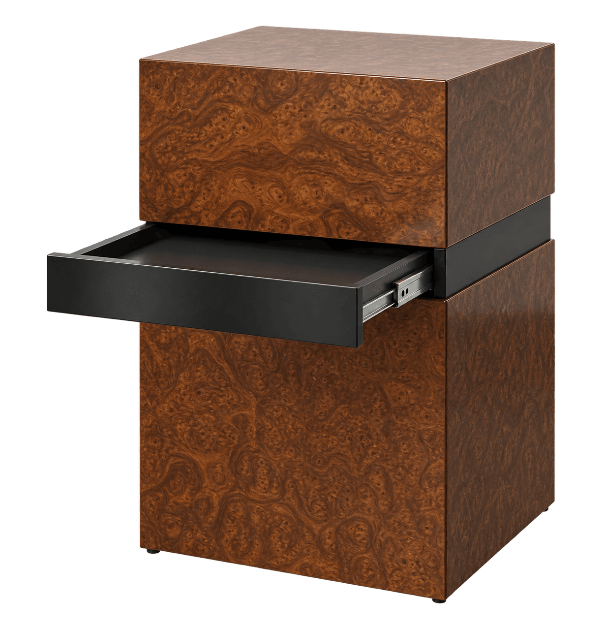A compact, cube-shaped storage unit featuring a rich burl wood veneer, a central black accent band, and a single pull-out drawer. — 3D model
