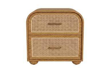 A two-drawer nightstand with a rounded top and curved sides. The drawer fronts are made of cane webbing, framed by a wooden border. The nightstand is supported by two rounded feet at the front. It features brass-colored bar handles on each drawer. — 3D model