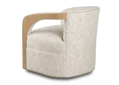 A modern barrel-shaped swivel chair featuring cream-colored upholstery with a light brown topographic map-like pattern. The chair has a rounded back and integrated arms, outlined by exposed light-toned wood trim. The base is concealed by the upholstery, suggesting a hidden swivel mechanism. — 3D model