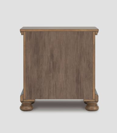 A transitional style nightstand crafted from wood with a rich brown finish, featuring a sturdy top surface, solid side panels, and distinctive turned bun feet. — 3D model