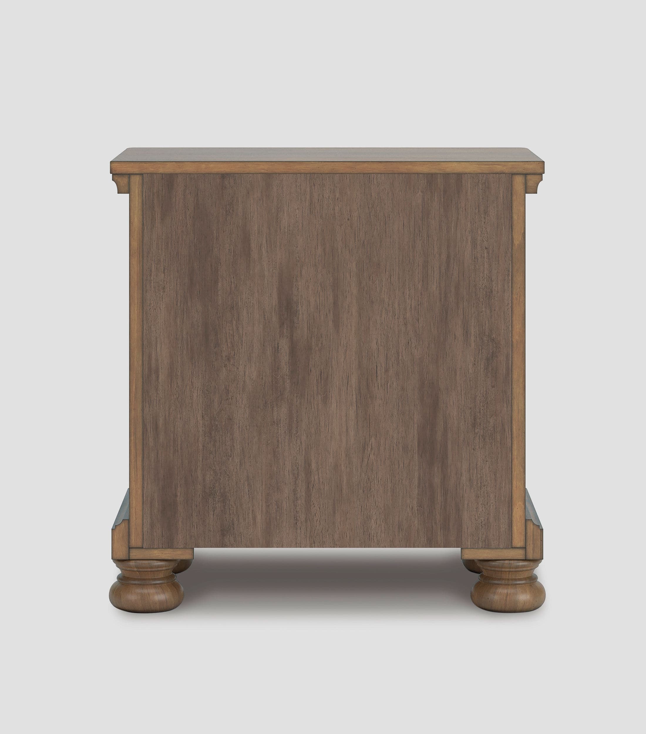 A transitional style nightstand crafted from wood with a rich brown finish, featuring a sturdy top surface, solid side panels, and distinctive turned bun feet. — 3D model