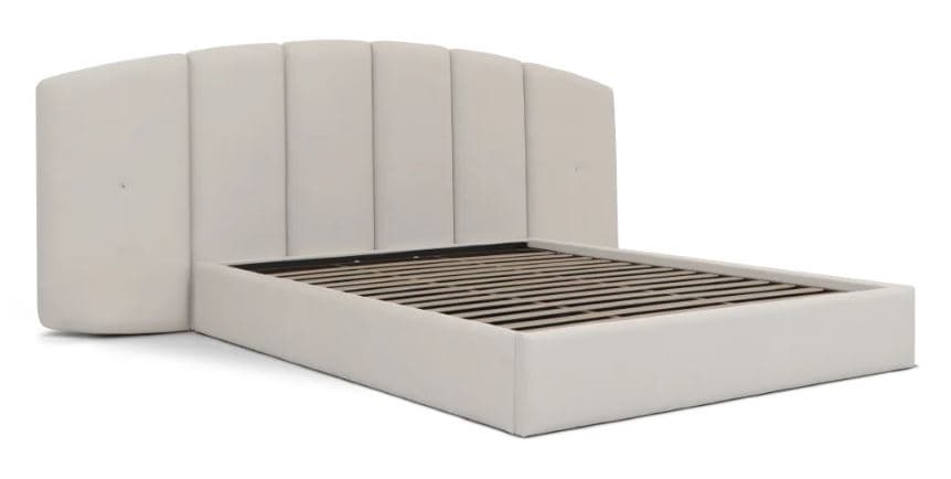 A contemporary upholstered platform bed featuring a tall, curved headboard with vertical channel tufting. The headboard extends into two rounded side wings that encase the top portion of the bed frame. The entire frame, including the headboard, side rails, and footboard, is upholstered in a light, neutral-colored fabric. The bed is designed with an integrated platform base, indicated by the visible wooden slats, eliminating the need for a box spring. — 3D model