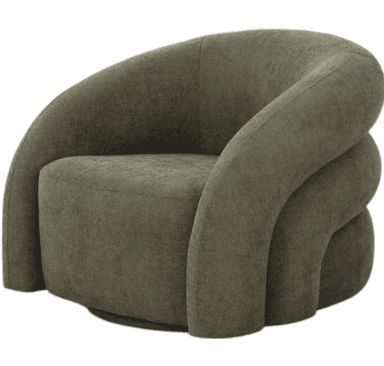 A modern armchair with a distinctive sculptural design. It features a rounded, barrel-shaped seat and a backrest that curves upwards and outwards, seamlessly integrating with the armrests. The armrests are unusually thick and have a bulbous, rounded form, giving the chair a substantial yet fluid appearance. The base is not clearly visible but appears to be a solid, circular pedestal. — 3D model