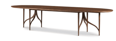 An oval-shaped dining table with a dark wood finish. The table features a segmented top and is supported by two sets of slender, curved legs. The design of the legs is minimalist and appears to be made from bentwood or a similar material. The overall aesthetic suggests a modern or mid-century design. — 3D model