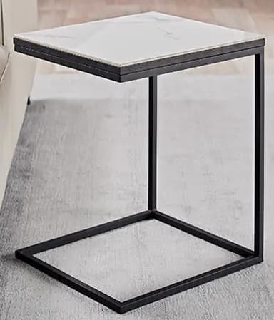 A C-shaped end table designed to slide under a sofa or chair. It features a rectangular top with a marbled pattern, supported by a thin, dark metal frame with a cantilevered design. — 3D model