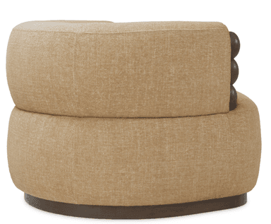 A single-seater armchair with a rounded, upholstered body and a wooden base. The armchair features upholstered arms with decorative wooden elements stacked vertically on the exterior side of each armrest. The upholstery has a textured, woven appearance. The base is a dark, solid wood circular plinth. — 3D model