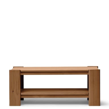 A two-tiered end table constructed from wood. The table features a simple, minimalist design with clean lines. The top surface and the lower shelf are flat and rectangular. The legs are cylindrical and extend vertically from the base to support the top. The construction appears to be solid wood, possibly oak, with a natural finish highlighting the wood grain. The joints are visible and appear to be well-crafted. — 3D model
